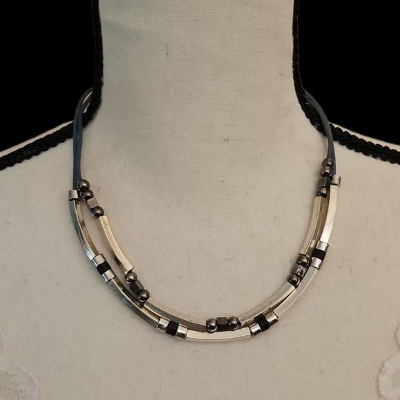 Vintage Set of Two Silvertone Metal Tube Beaded Skater Rope Necklace - Picture 1 of 5